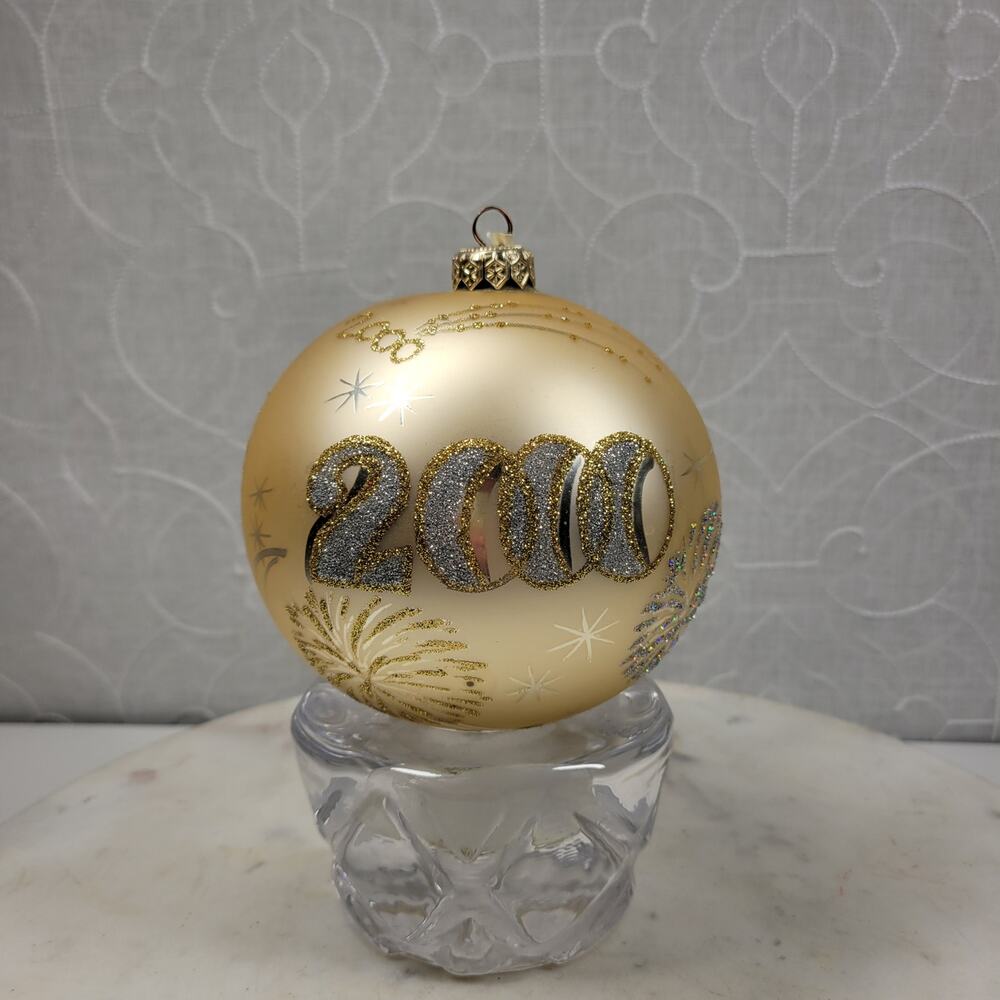 Vtg Radko 2000 Millennium Ball Ornament 4" Gold Glitter Christmas Holiday Decor